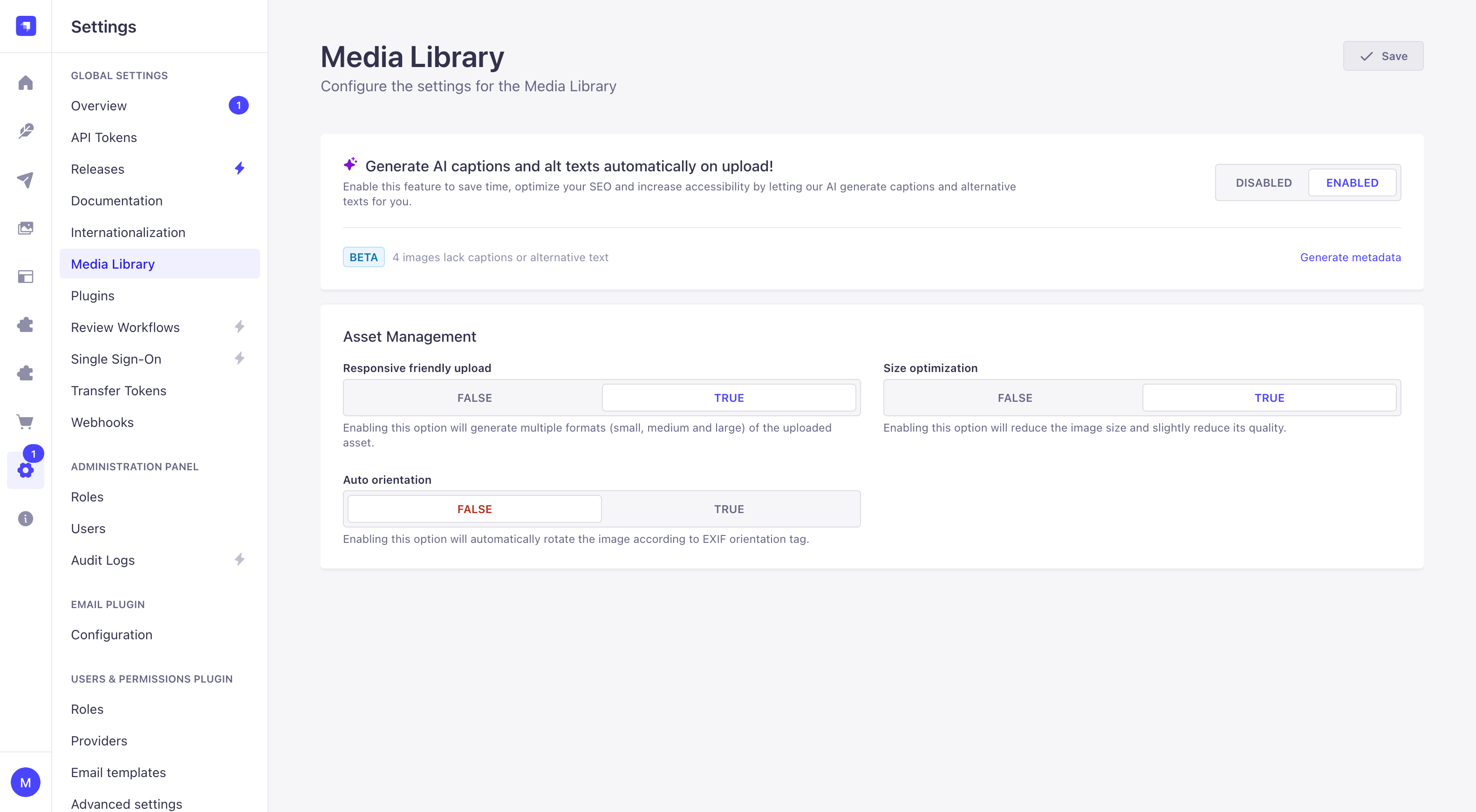 Media Library settings offering to generate metadata for existing images