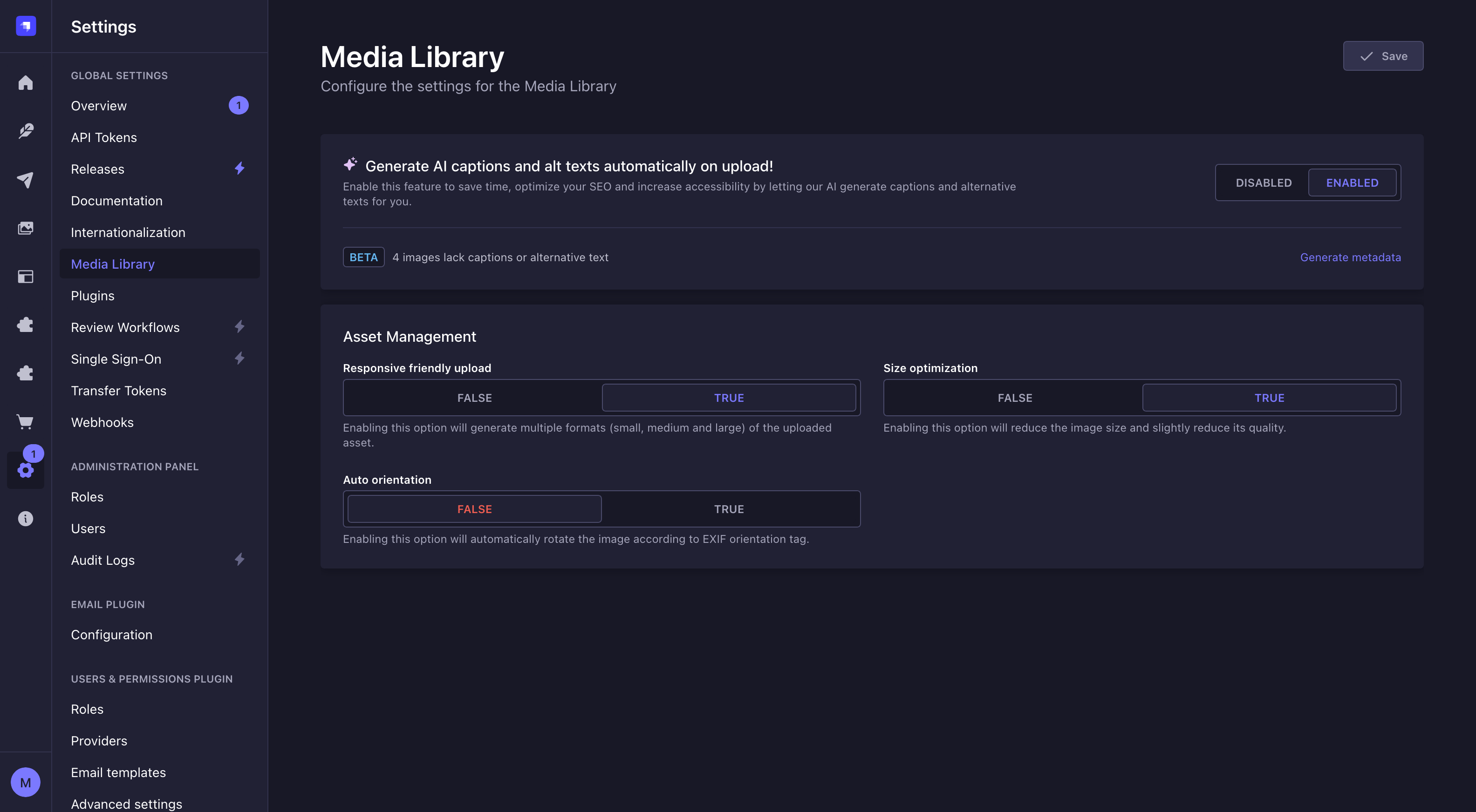 Media Library settings offering to generate metadata for existing images