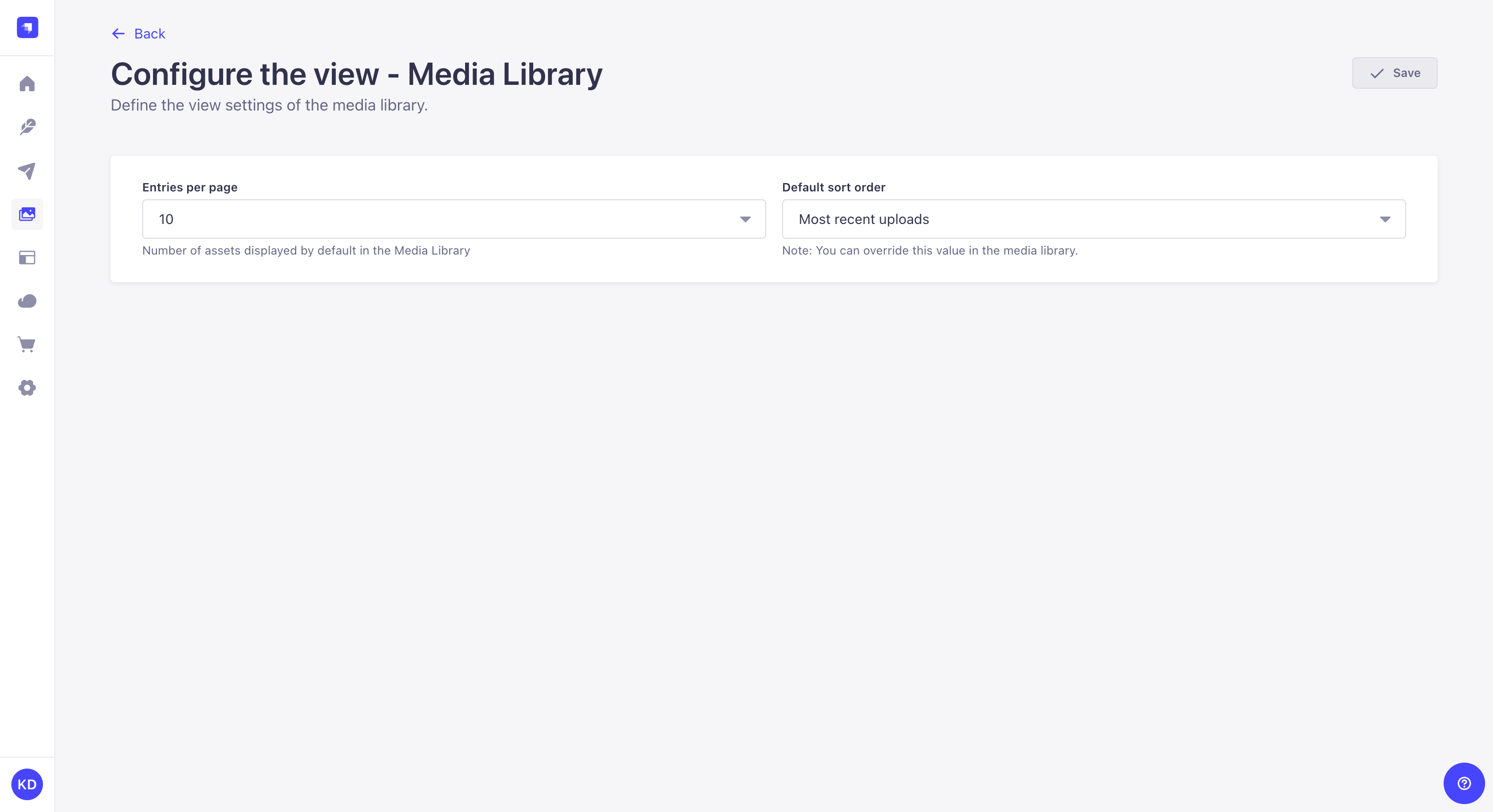 Media Library view settings, with the entries per page and the default sort order