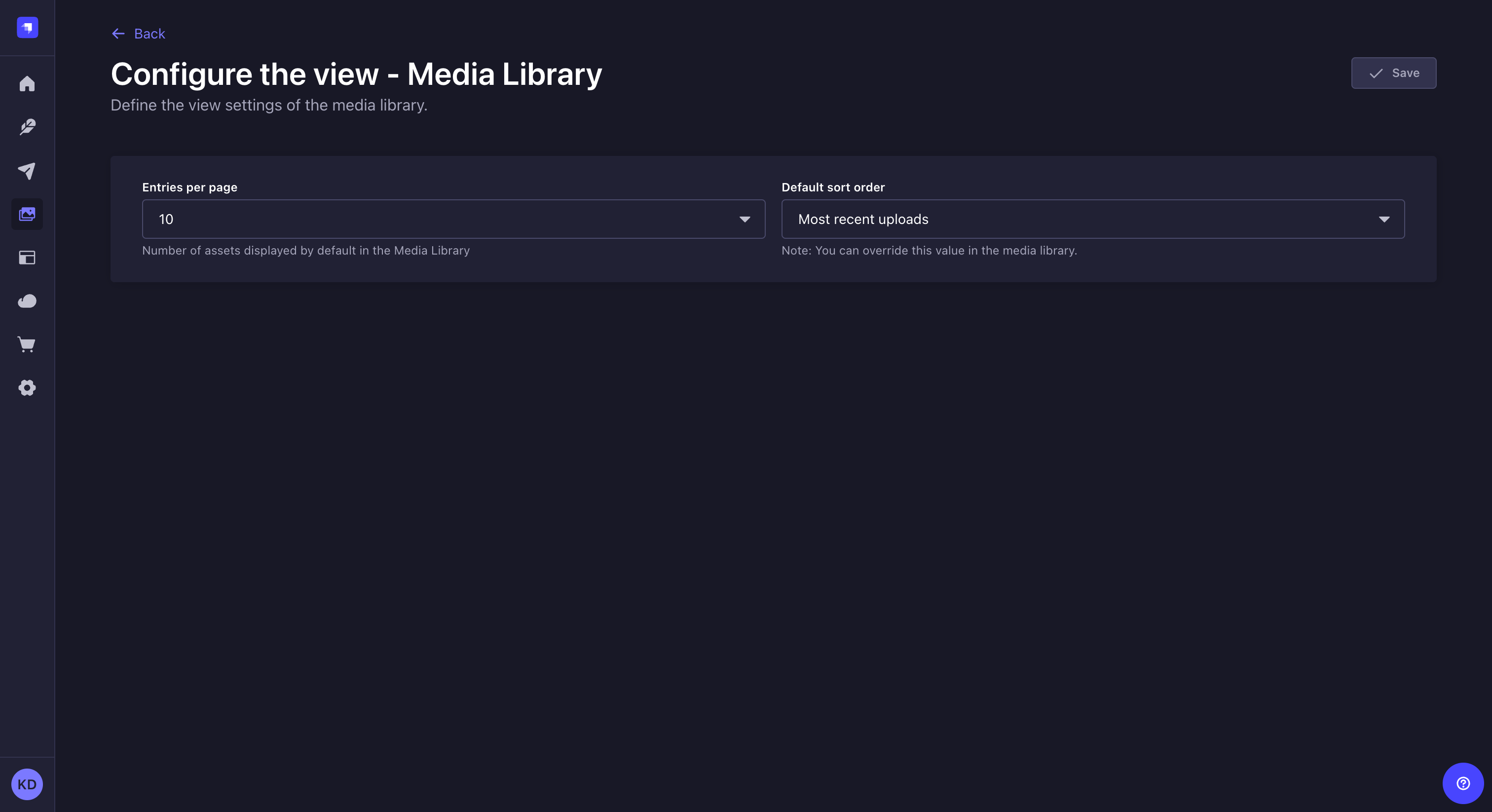 Media Library view settings, with the entries per page and the default sort order