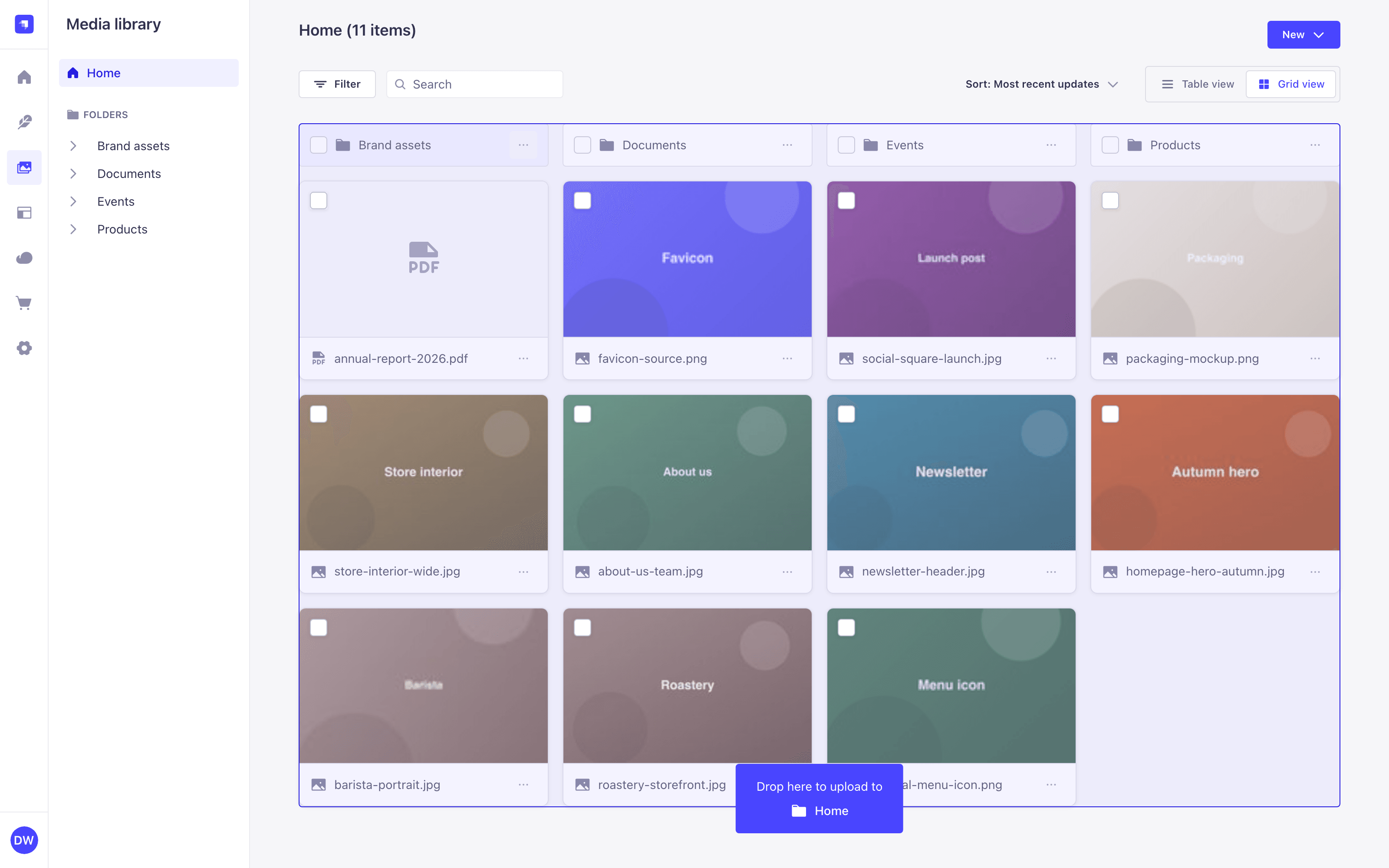 Media Library highlighted while files are dragged over it, naming the destination folder