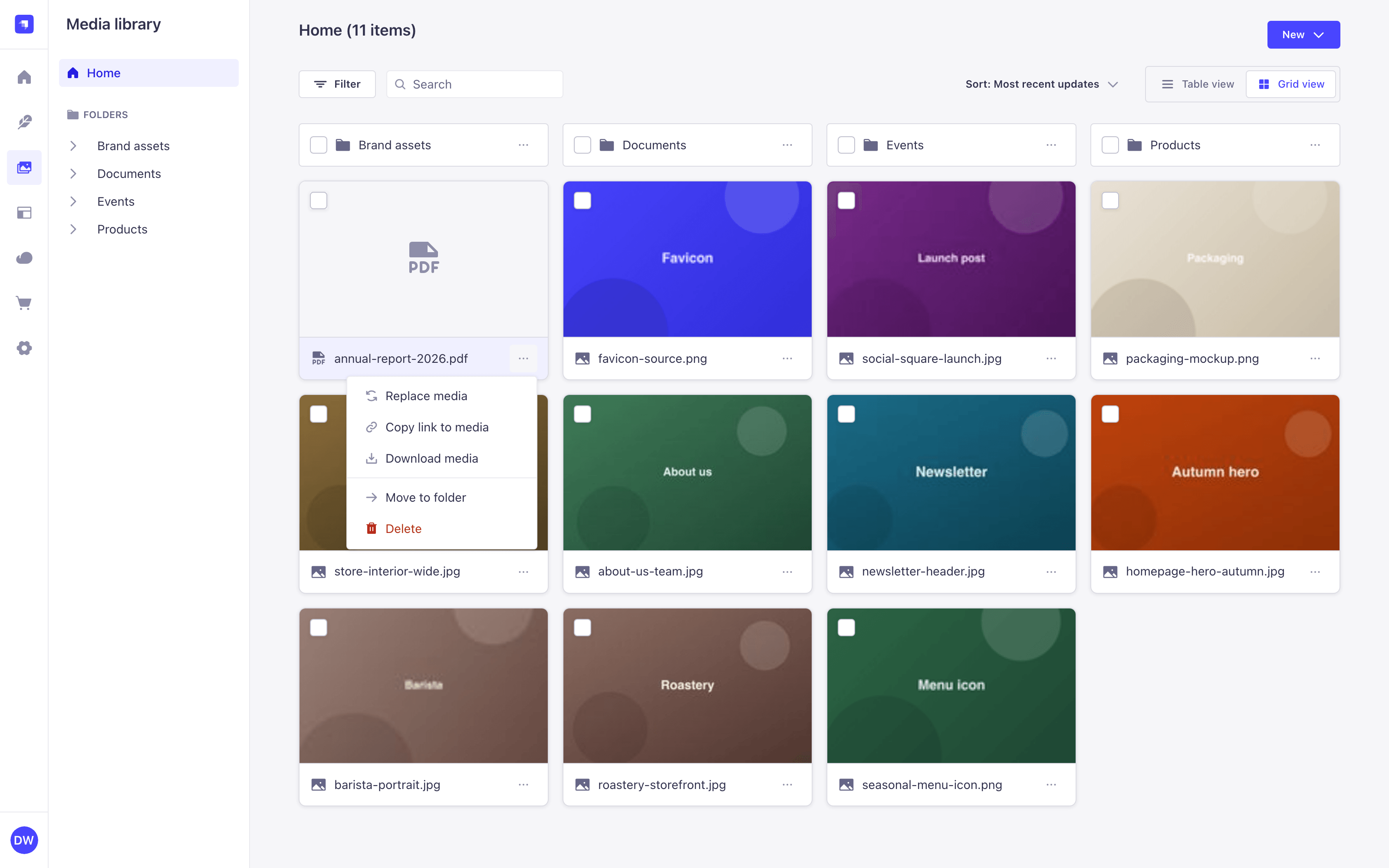 Actions menu of an asset, opened from the grid view
