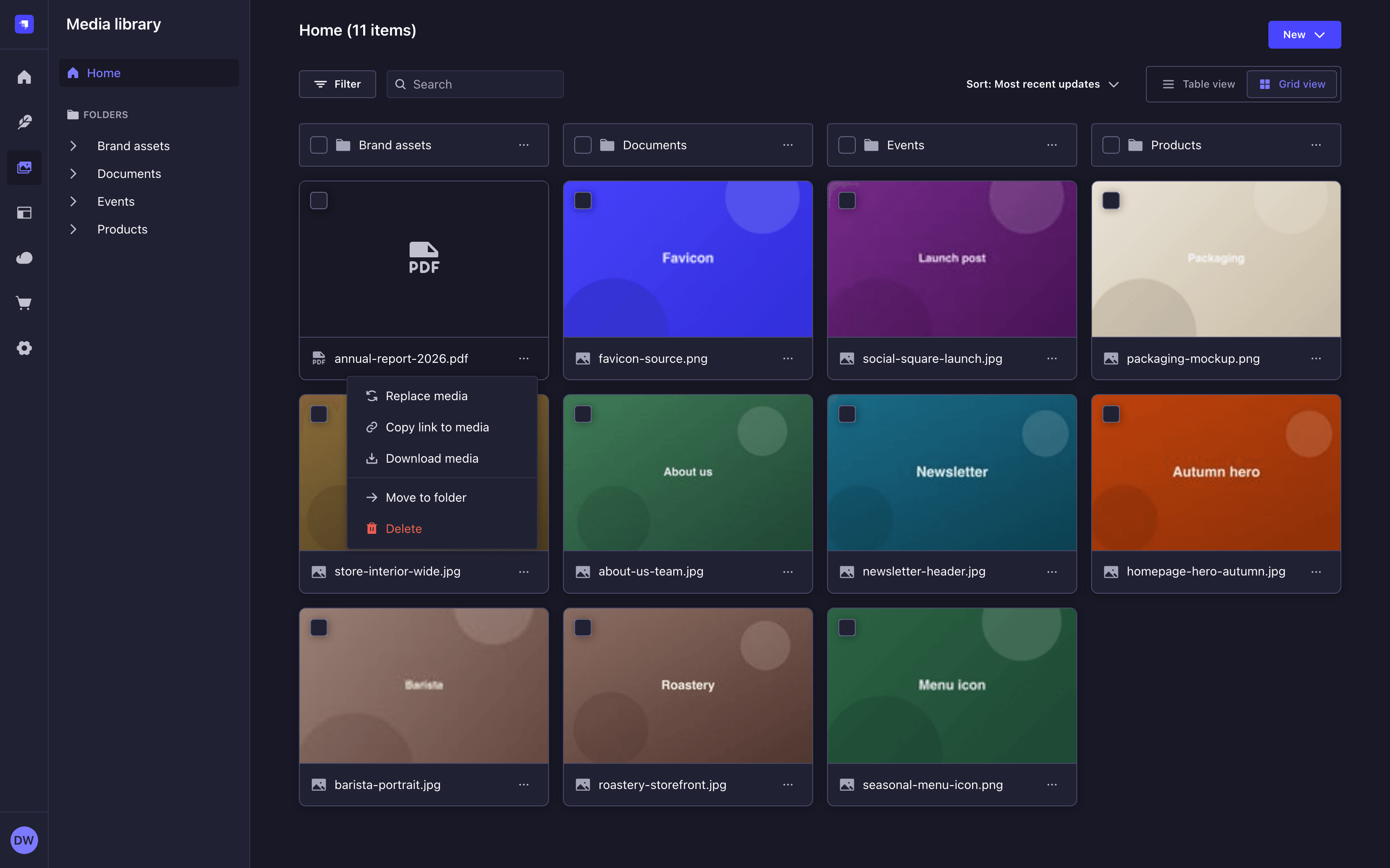 Actions menu of an asset, opened from the grid view