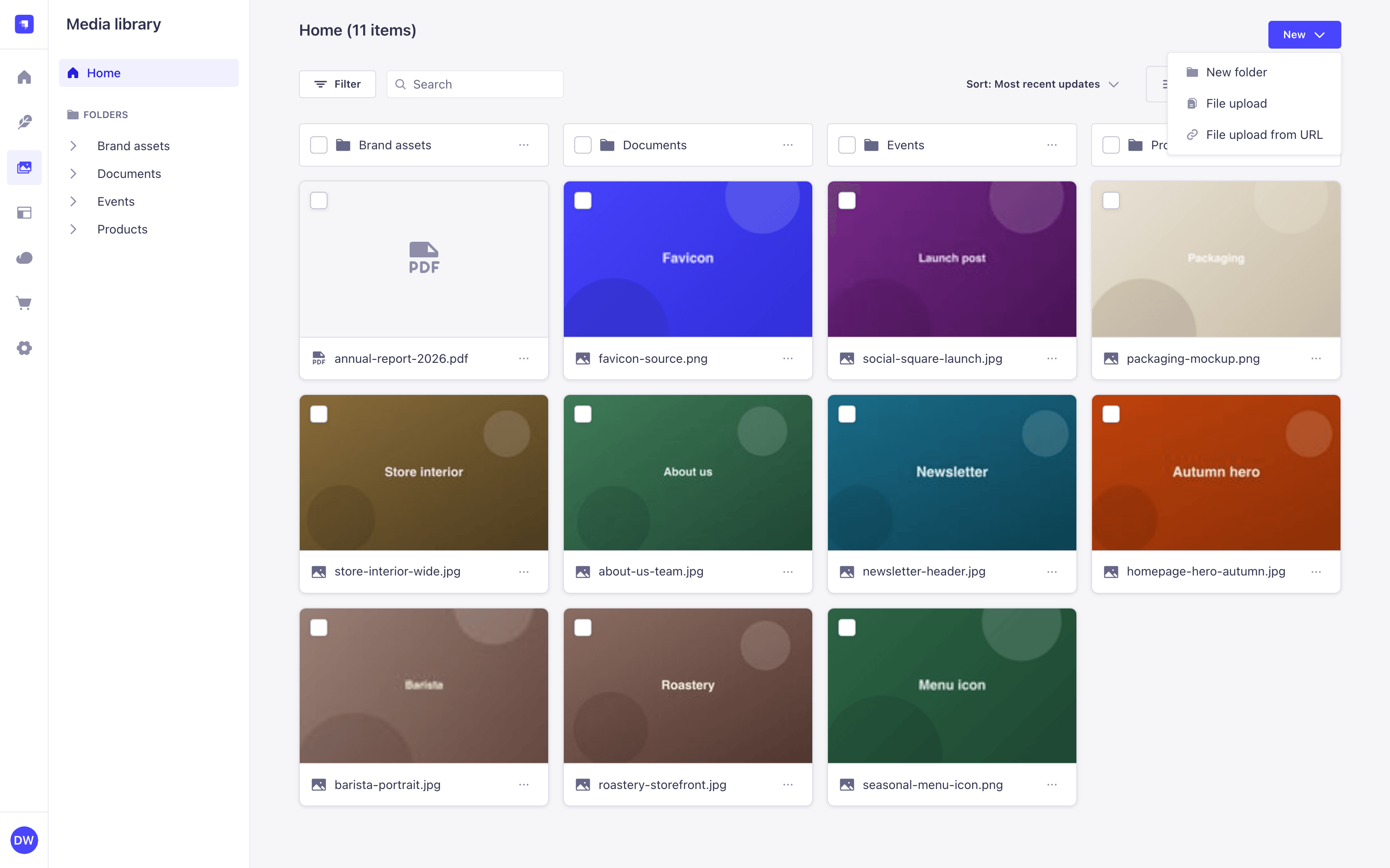 New button menu, offering to create a folder or upload files