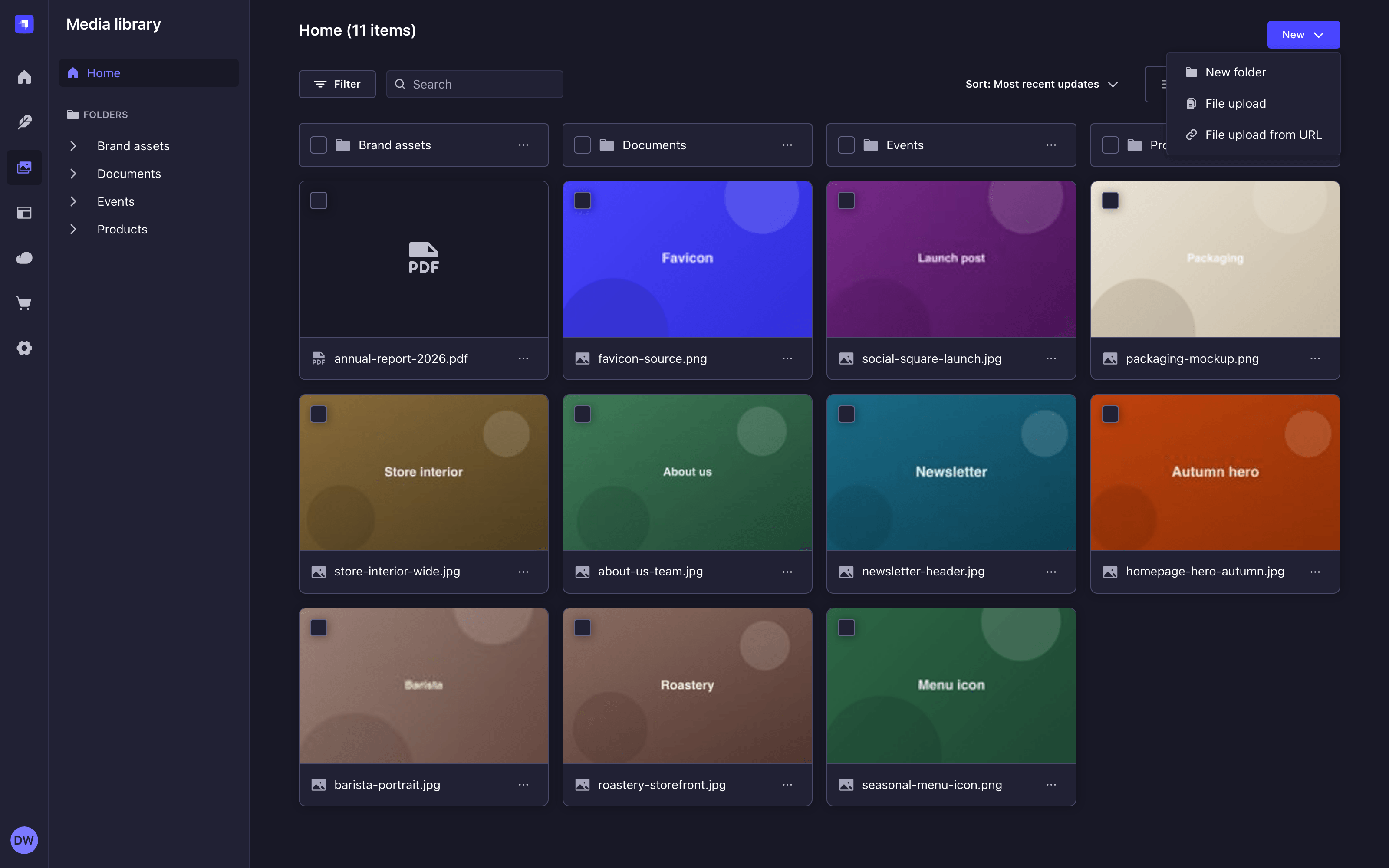 New button menu, offering to create a folder or upload files