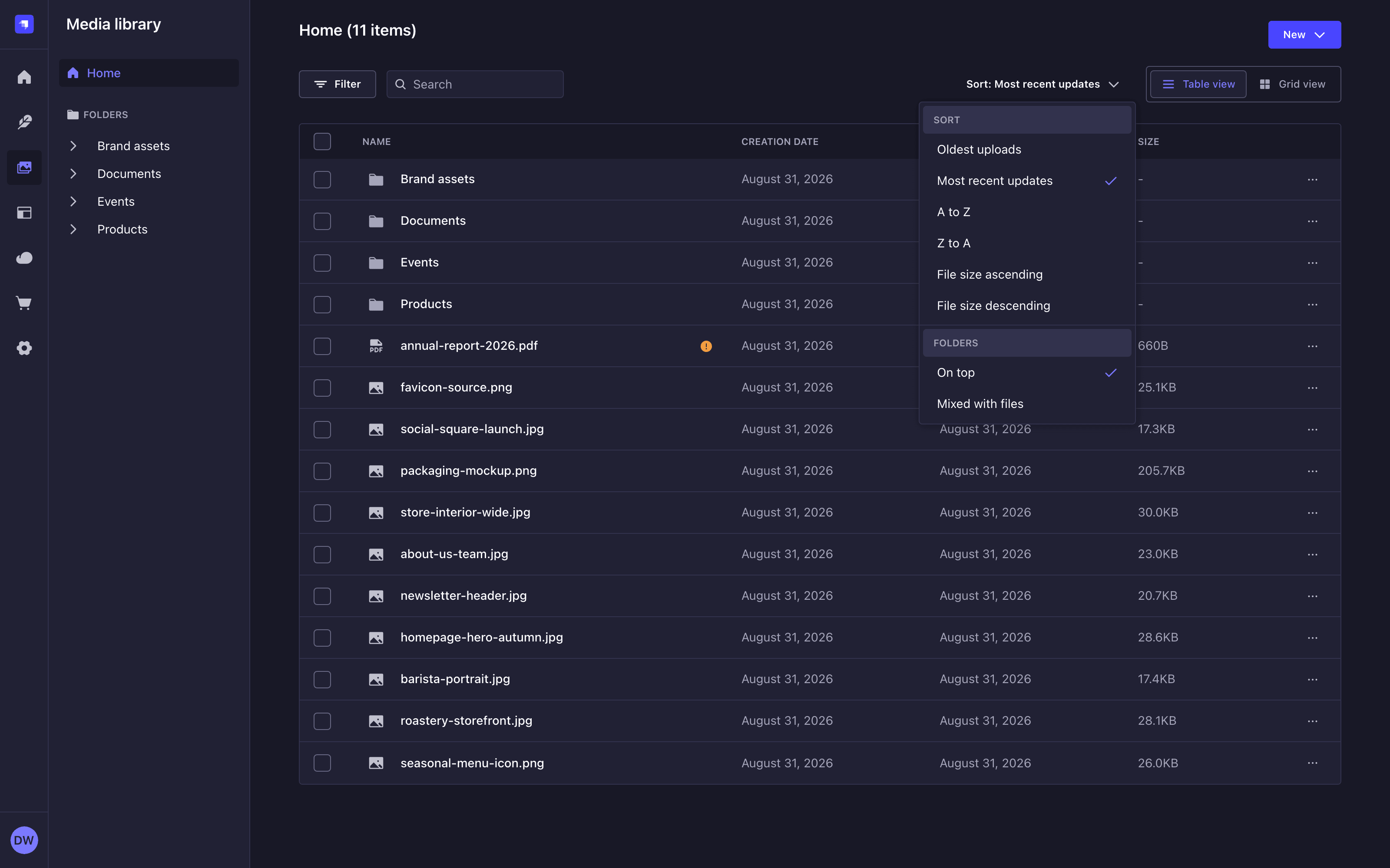 Sort menu of the Media Library, with a Sort section and a Folders section